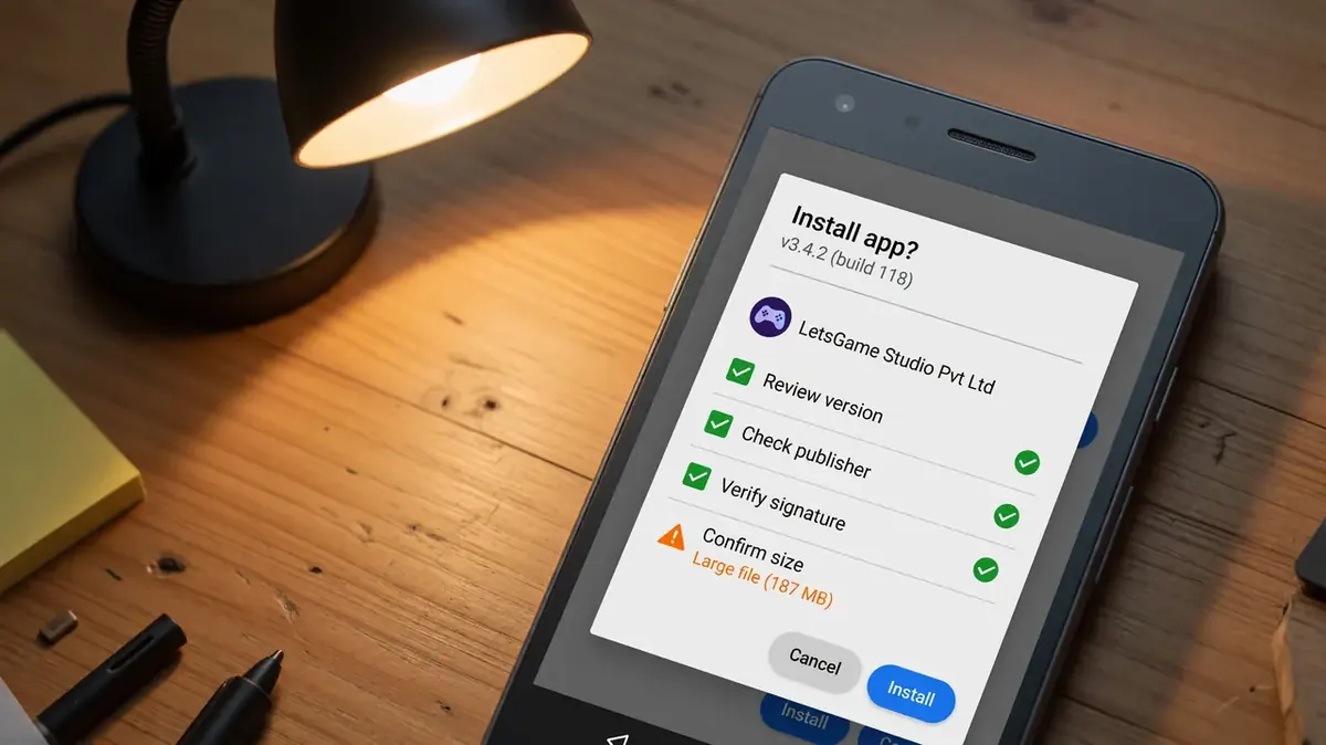 Smartphone showing an Android APK installer dialog with the version number and publisher name visible