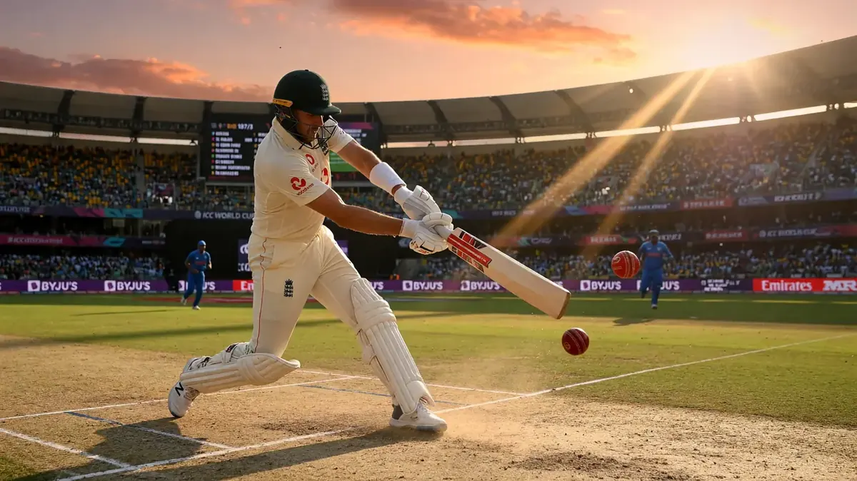 Cricket batsman playing a cover drive on a sunlit field