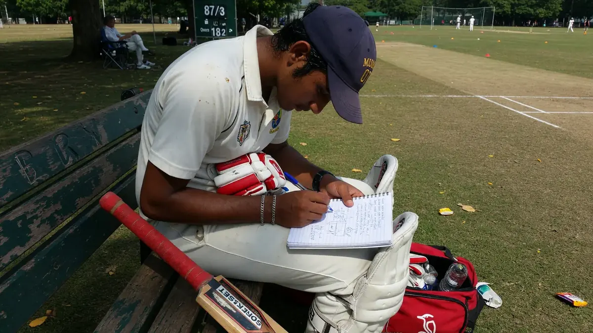 Cricket player writing notes on a sunny bench