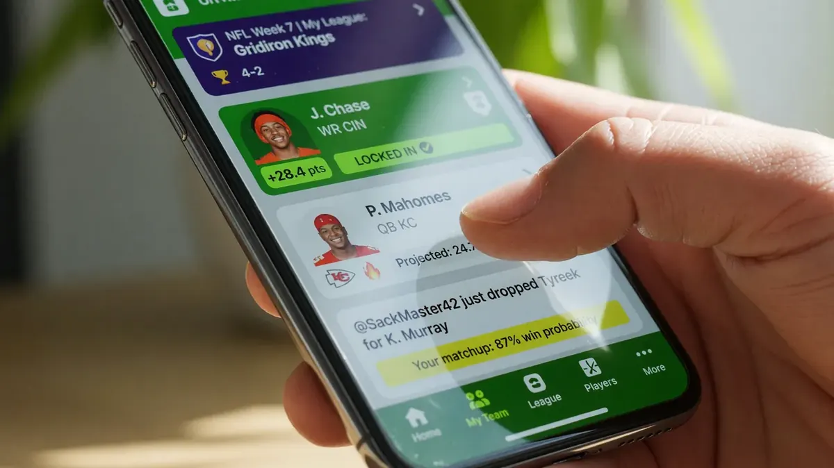 Finger scrolling a fantasy sports app on a smartphone