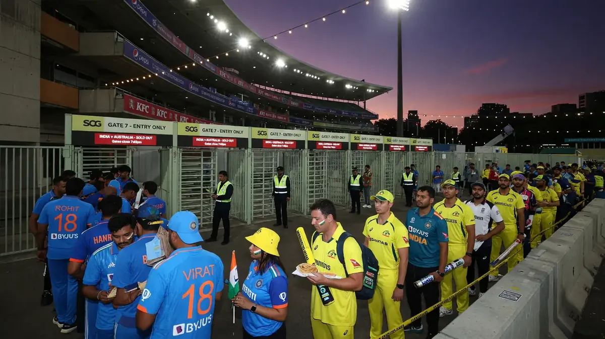 Packed cricket stadium with cheering fans