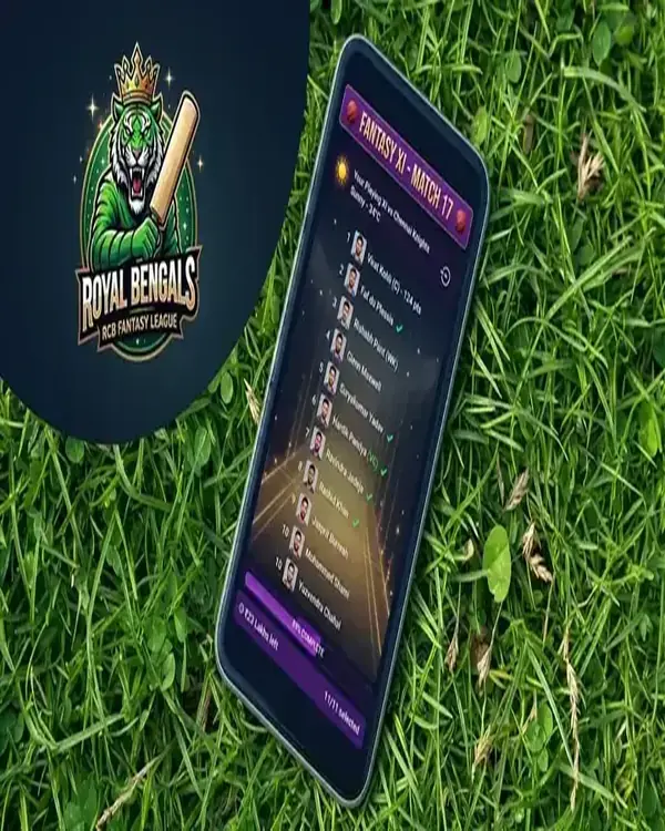 Smartphone showing a fantasy sports lineup on a grass background