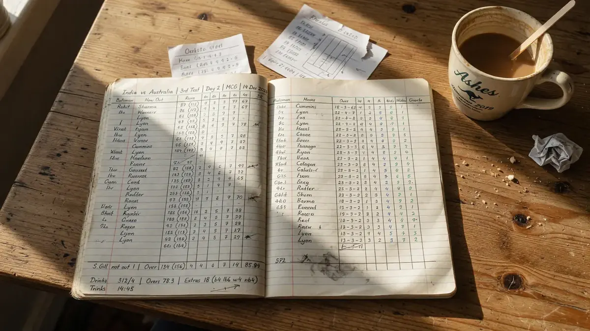 Handwritten cricket scorecard on a wooden table