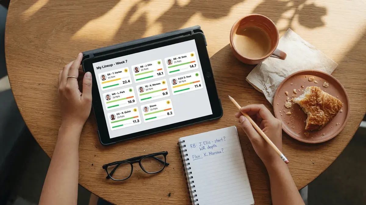 Top-down view of a fantasy lineup on a tablet in a cafe