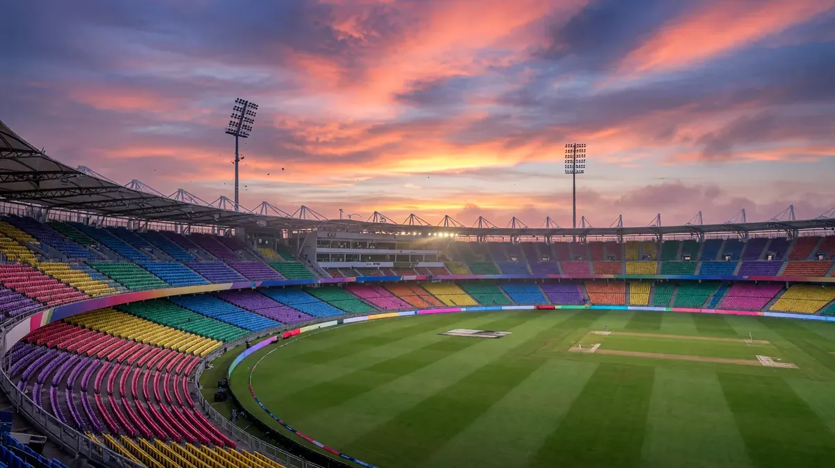 Packed cricket stadium with cheering fans