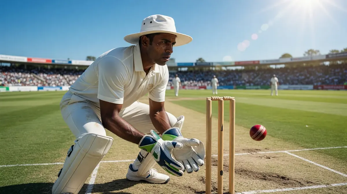 Wide shot of a cricket stadium at golden hour