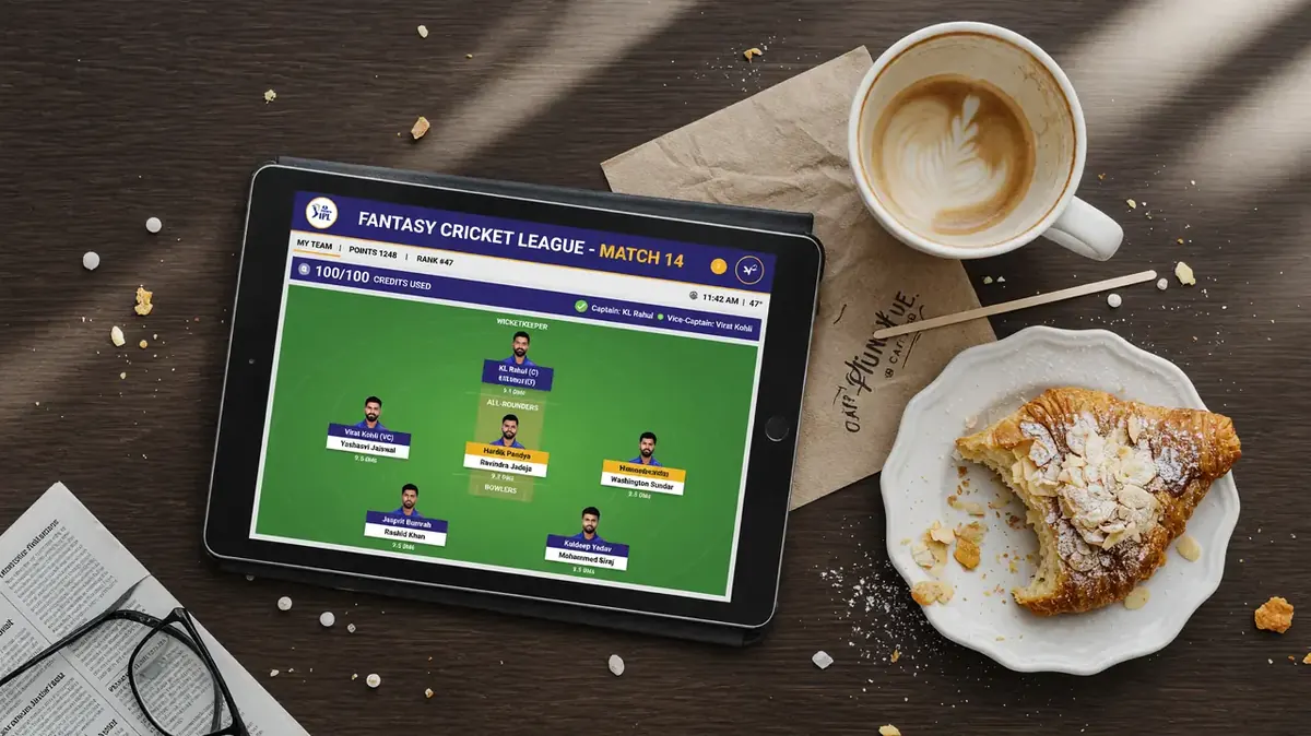 Top-down view of a fantasy lineup on a tablet in a cafe